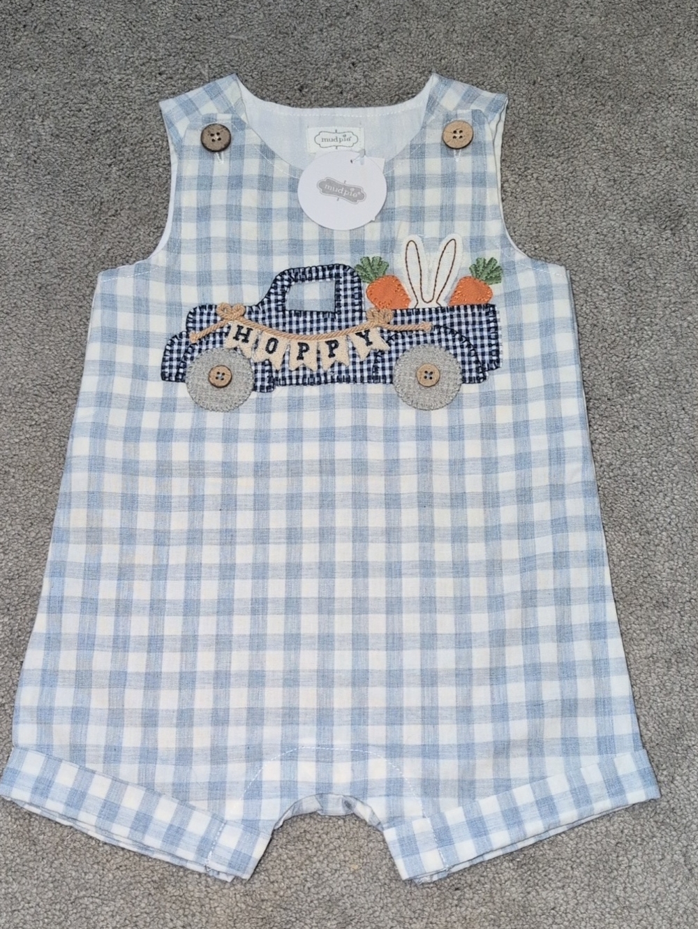 NWT Easter Spring Blue Gingham Baby Romper. Linen. Boutique. Sz 9-12 Months.